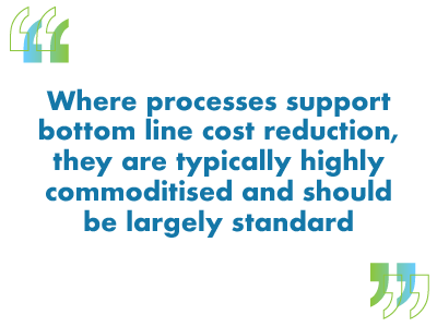 Where processes support bottom line cost reduction, they are typically highly commoditised and should be largely standard